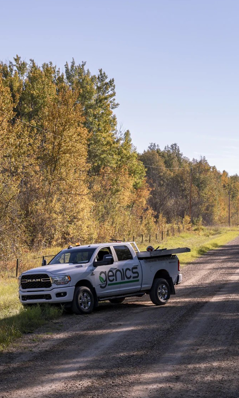 Genics truck on the road by the forest